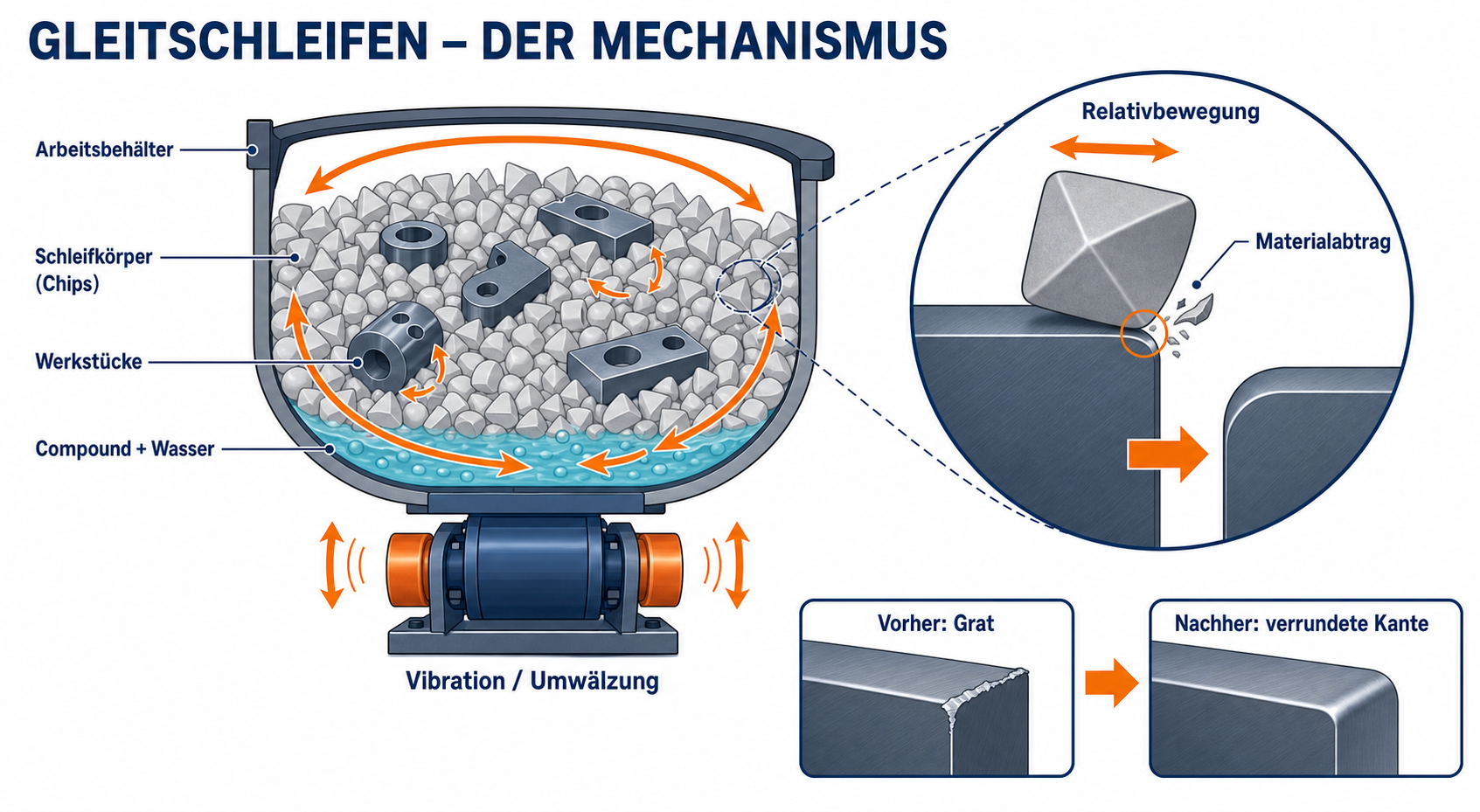 Schematische Erklärung des Gleitschleifens mit Werkstücken, Schleifkörpern, Compound und Kantenverrundung