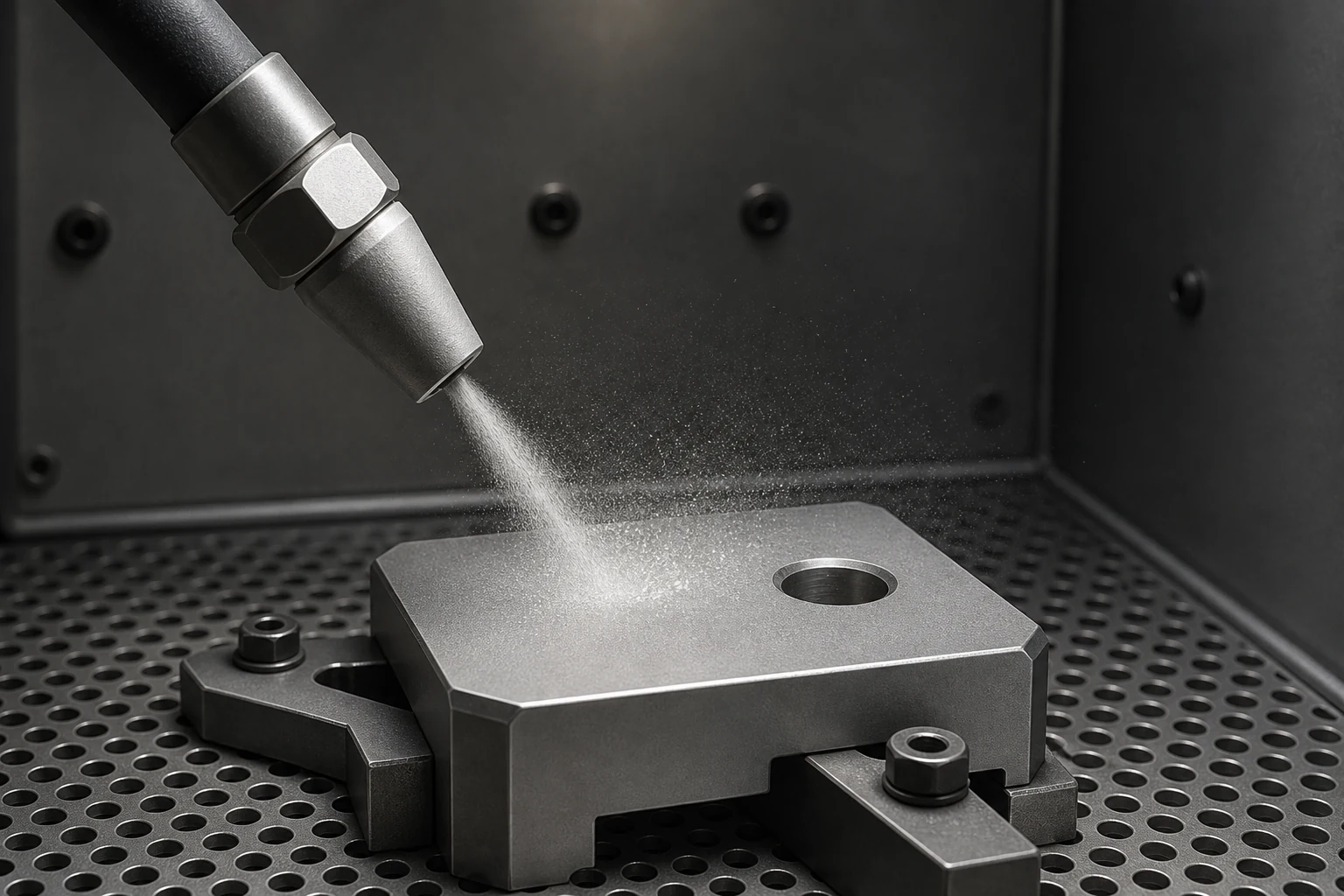 Illustration des Sandstrahlens: Eine Strahldüse richtet einen Partikelstrom auf ein Metallbauteil in einer Strahlkabine